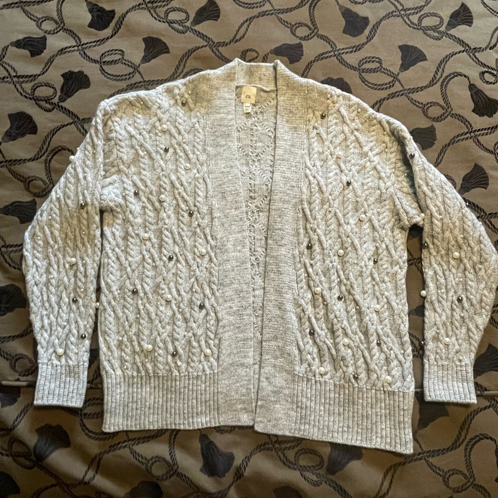 NWOT Embellished River Island Gray Pearl Beaded Cable Knit Open Cardigan